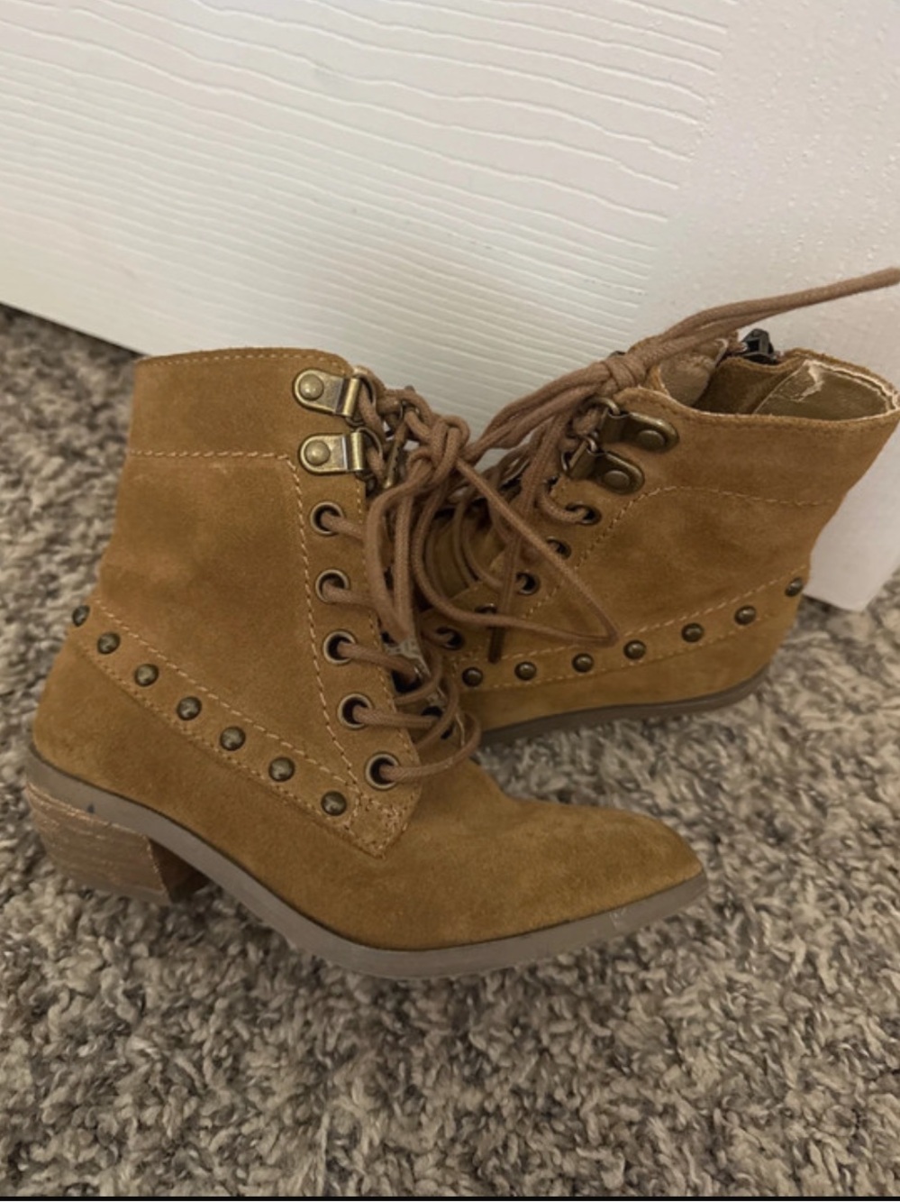 Joyfolie Tan Suede Lace-Up Studded Ankle Boots